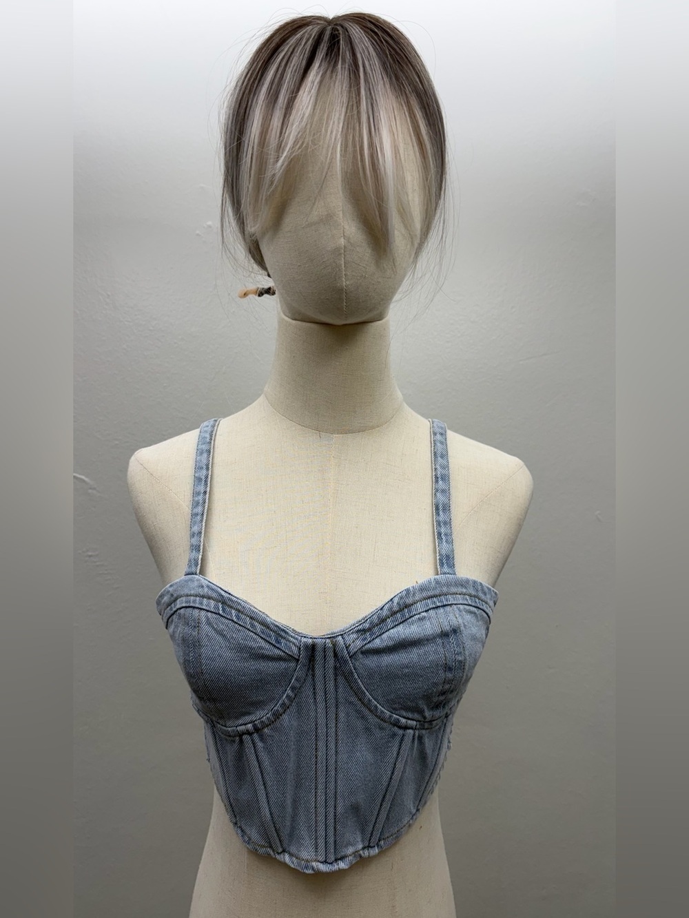 Fashion Nova Denim Corset Crop Top Light Wash Bustier Zip Back Women’s XS